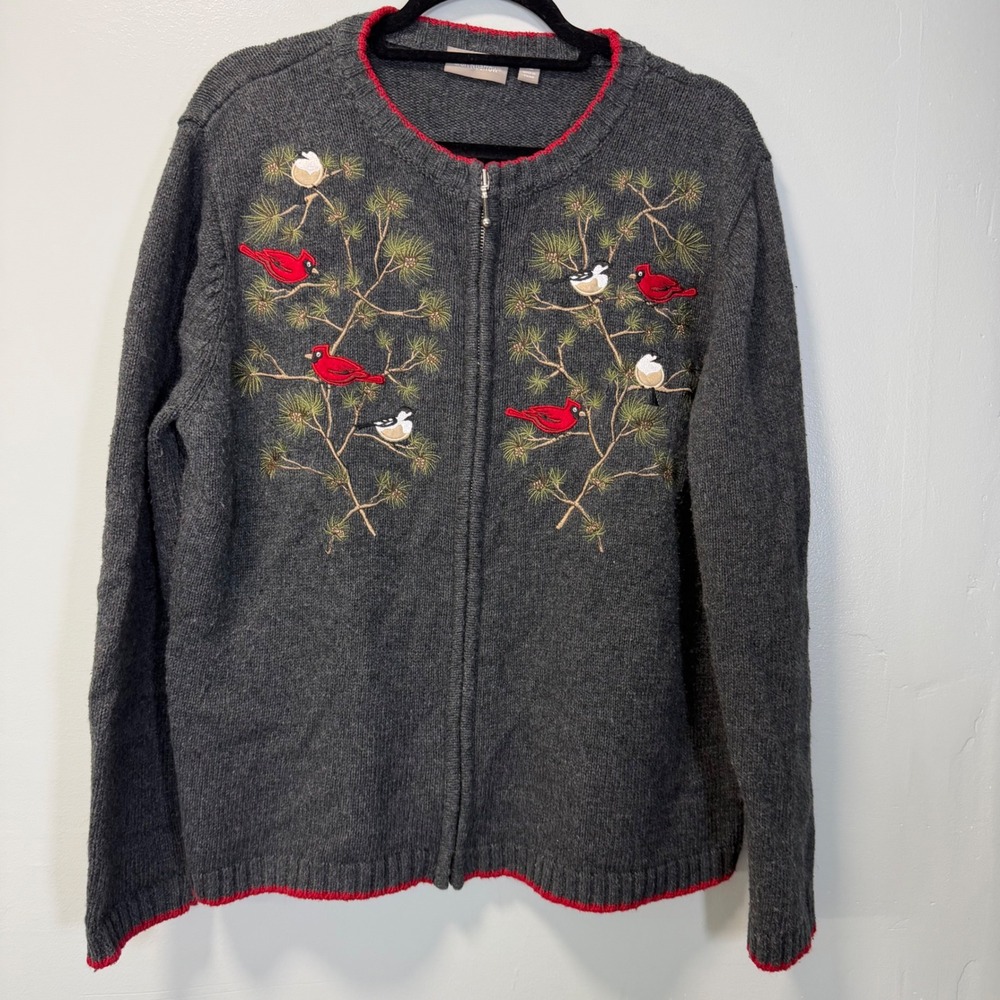 Croft & Barrow Vintage Gray Bird Embroidered Zip Up Cardigan Sweater XL Holiday